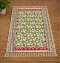 Green and red zig zag borders floral vine Hand Block Printed Jute Rug