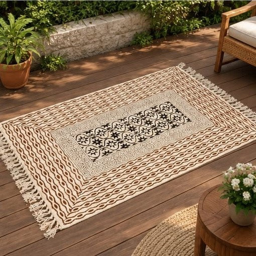 Rust brown and Grey geometric wave Hand Block Printed Jute Rug