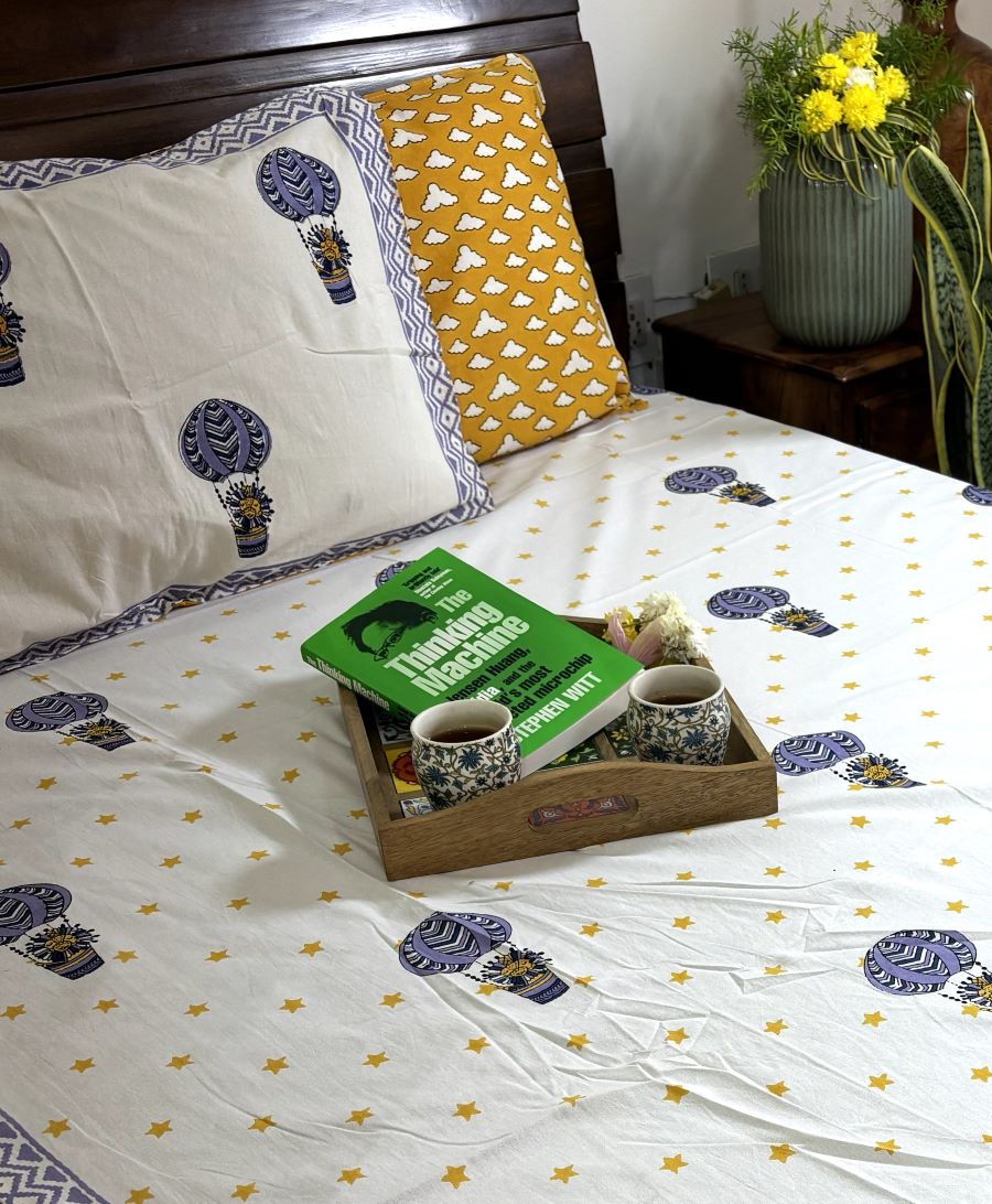 Blue Air Balloon Hand Block Bedsheet with 1 Pillow Cover- 220TC