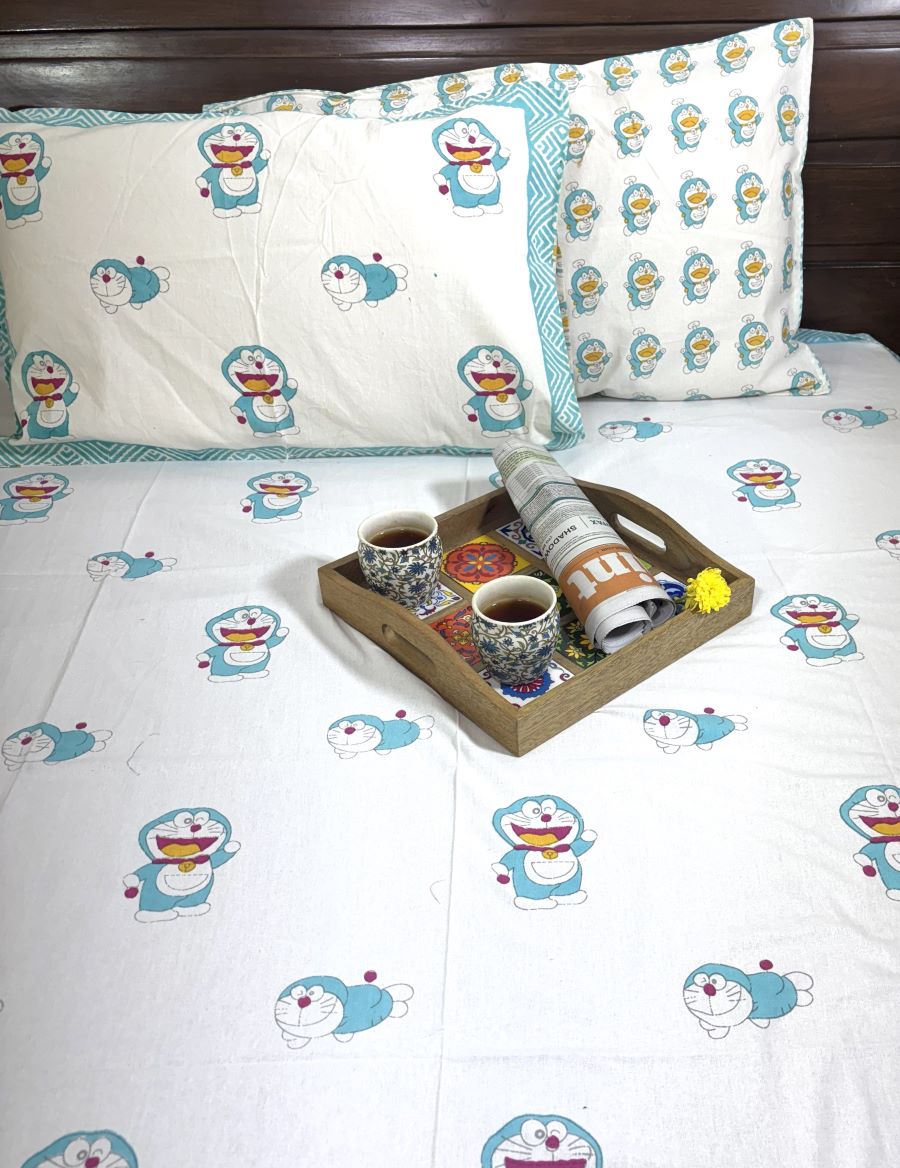 Sky Blue Doraemon Hand Block Bedsheet with 1 Pillow Cover- 220TC