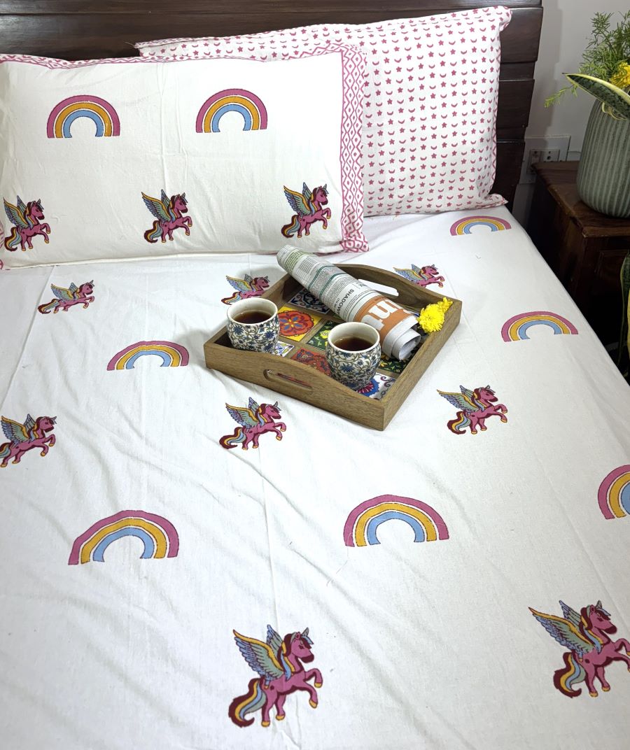 Multicolor Rainbow Unicorn Hand Block Bedsheet with 1 Pillow Cover- 220TC