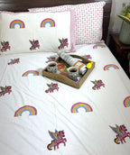 Multicolor Rainbow Unicorn Hand Block Bedsheet with 1 Pillow Cover- 220TC