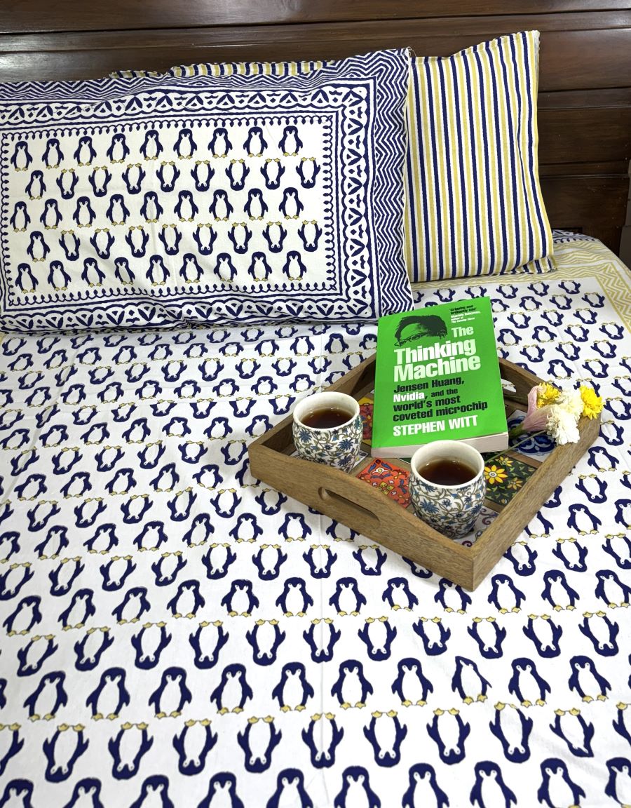 Blue Penguin Hand Block Bedsheet with 1 Pillow Cover- 220TC