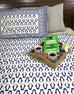 Blue Penguin Hand Block Bedsheet with 1 Pillow Cover- 220TC