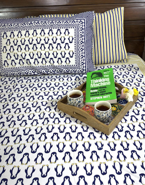 Blue Penguin Hand Block Bedsheet with 1 Pillow Cover- 220TC