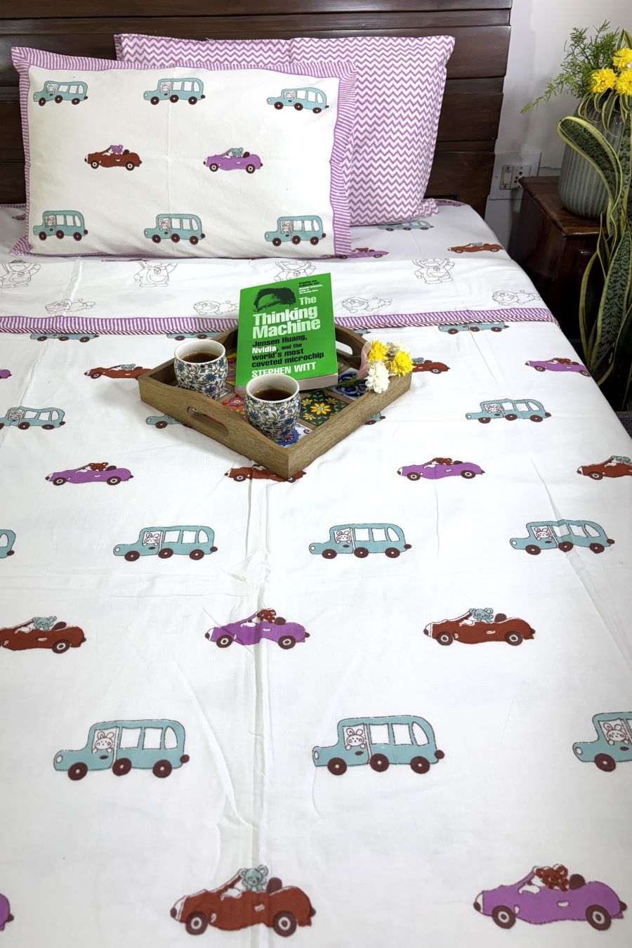 Pink,Blue & Brown Car Hand Block Bedsheet with 1 Pillow Cover- 220TC