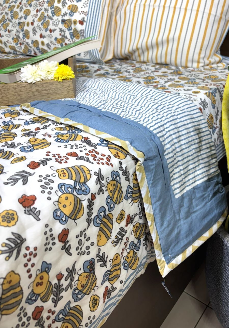 Yellow Bee Design Hand Block Dohar