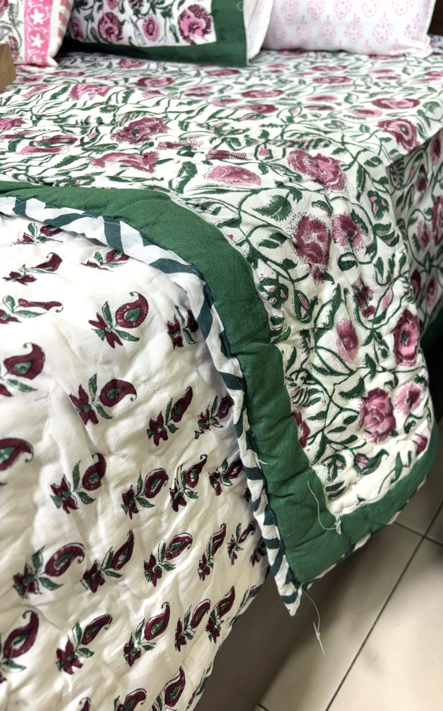 Maroon, Pink & Green Floral Patterns Hand Block Quilt/ Razai