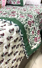 Maroon, Pink & Green Floral Patterns Hand Block Quilt/ Razai