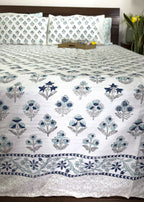 Blue & Grey Small Butta Patterns Hand Block Bedsheet with 2 Pillow Cover Set - 400TC