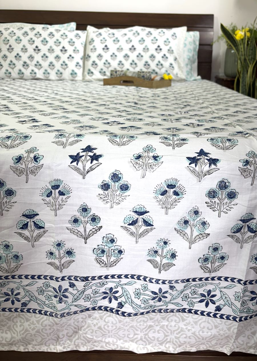 Blue & Grey Small Butta Patterns Hand Block Bedsheet with 2 Pillow Cover Set - 400TC