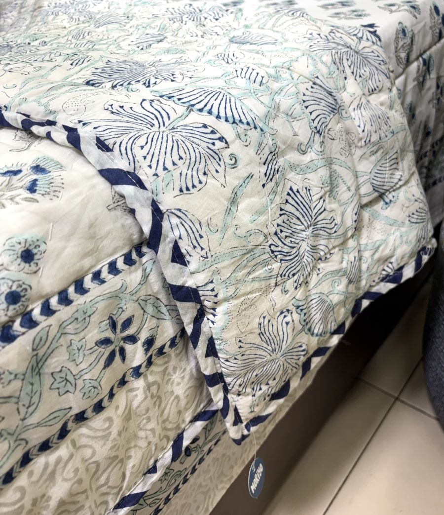 Blue & Grey Small Butta Patterns Hand Block Quilt/ Razai