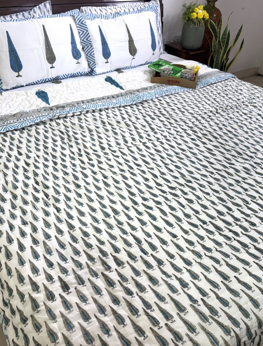 Blue Tree Motif Patterns Bedsheet & Quilt/ Razai Set - Hand Block Printed