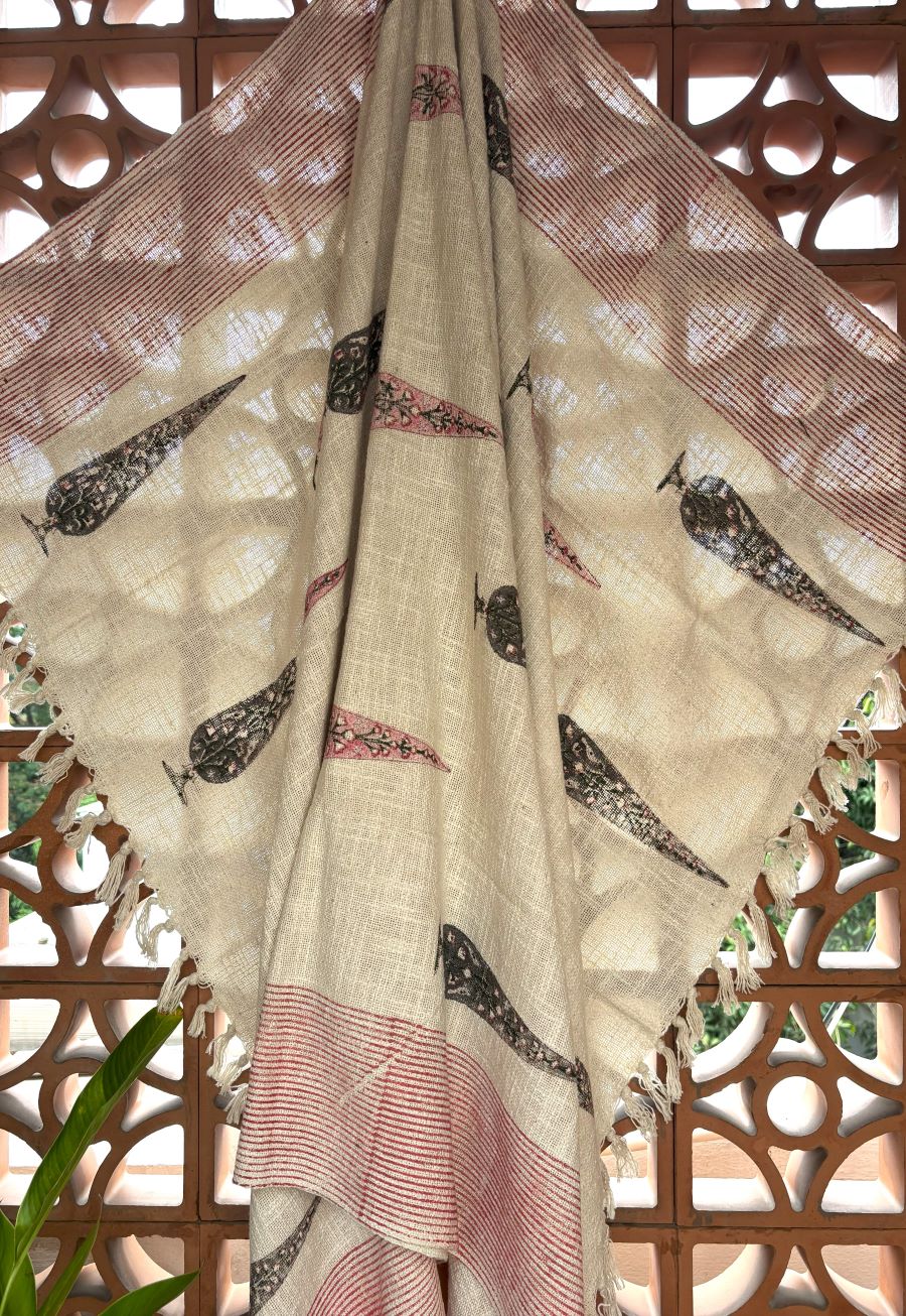Pink & Grey Gulbahaar Jute Fabric Hand Block Sofa Throw