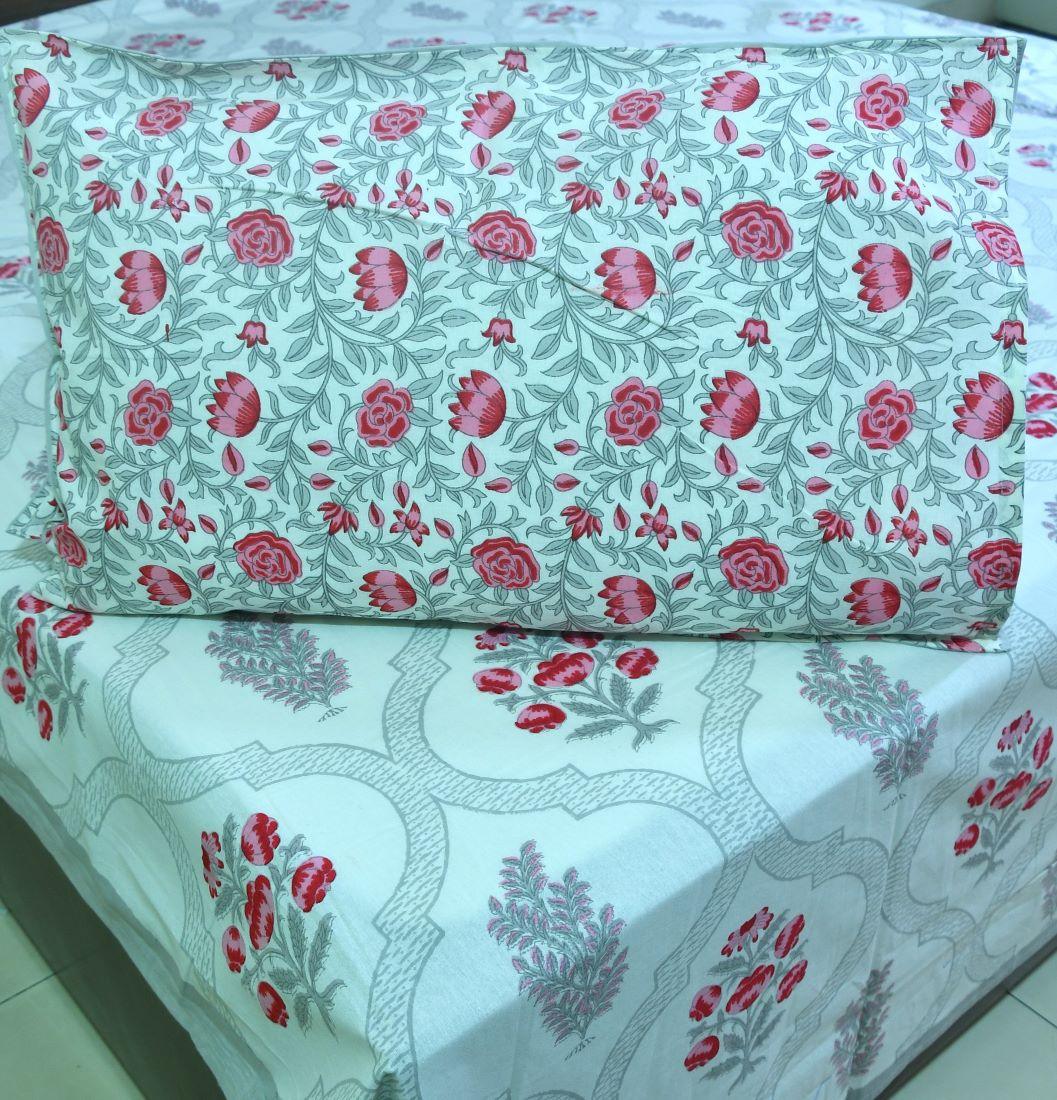 Pink Flower Hand Block Bedsheet with 2 Pillow Cover Set - 220TC