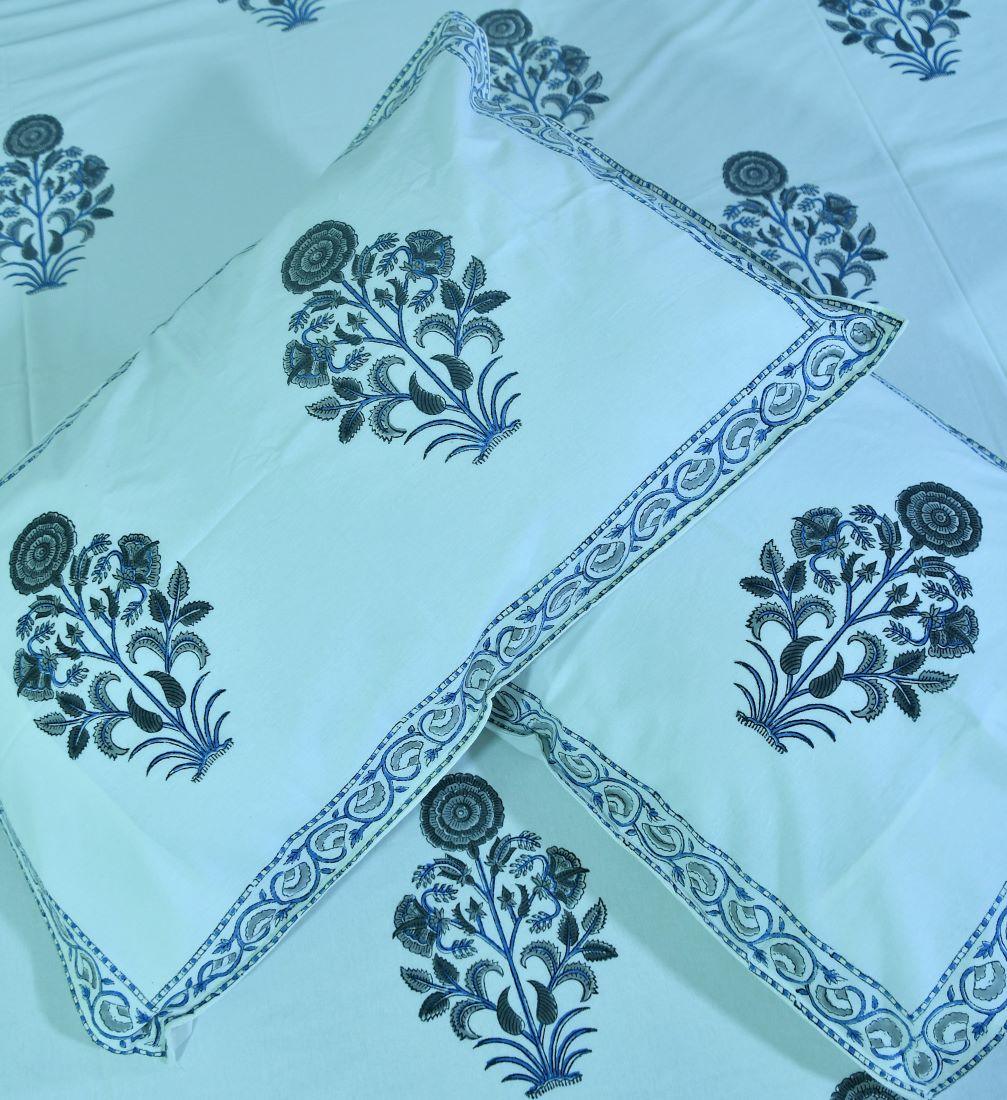 Sunflower Grey & Light Blue Hand Block Bedsheet with 2 Pillow Cover Set - 280TC