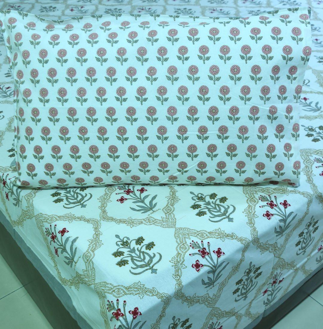 Red & Grey Lilly Mughal Jaal Hand Block Bedsheet with 2 Pillow Cover Set - 220TC