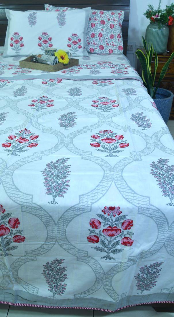 Pink Flower Bedsheet & Dohar Set – Hand Block Printed