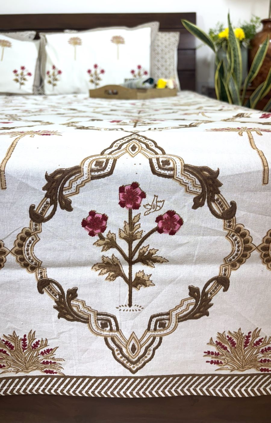 Brown Lilly Flower Jaal  Hand Block Bedsheet with 2 Pillow Cover Set - 220TC