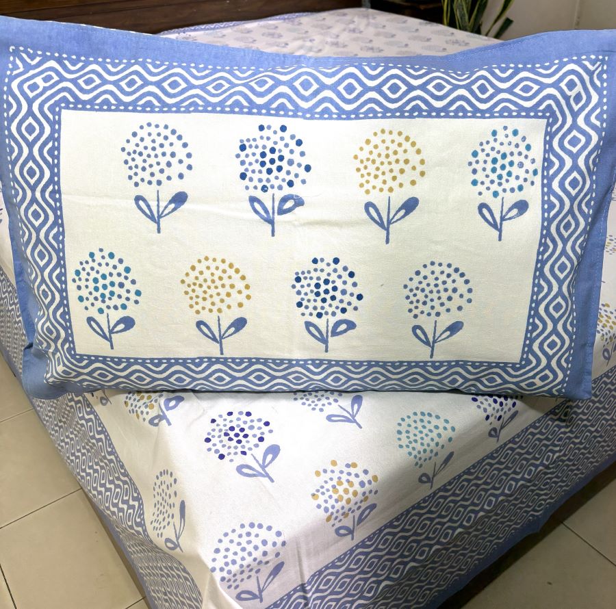 Soft Blue Guldaudi Hand Block Bedsheet with 2 Pillow Covers Set - 220TC