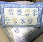 Soft Blue Guldaudi Hand Block Bedsheet with 2 Pillow Covers Set - 220TC