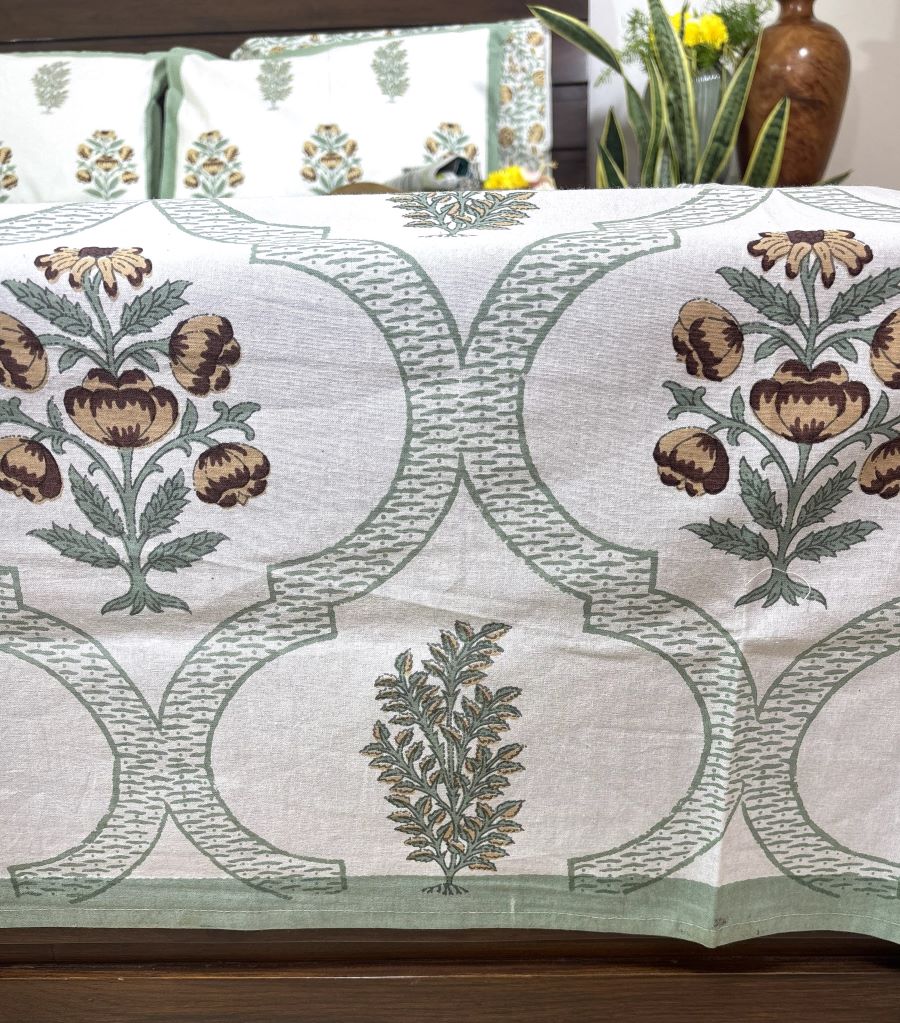 Green Flower Hand Block Bedsheet with 2 Pillow Cover Set - 220TC