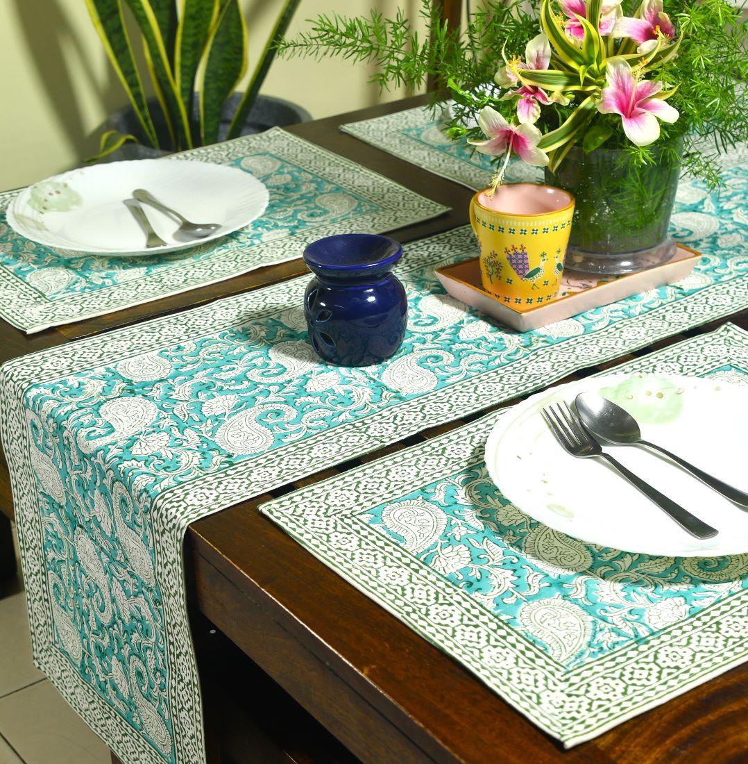 Green Paisley ka Gulistaan Hand Block Cotton Canvas Table Runner