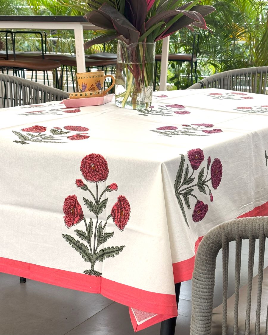 Pink & Magenta Marigold  Hand Block Rectangle Table Cover / Cloth