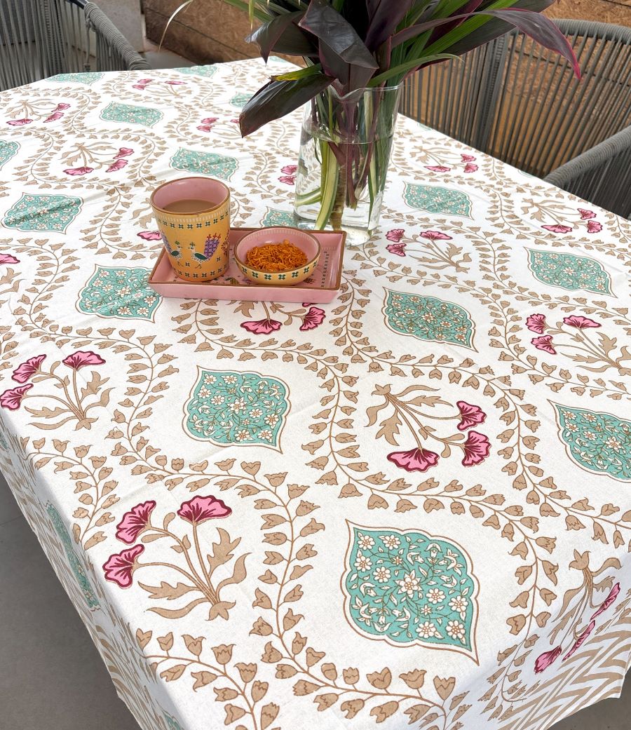 Pink Hibiscus on Gold Hand Block Rectangle  Table Cover / Cloth