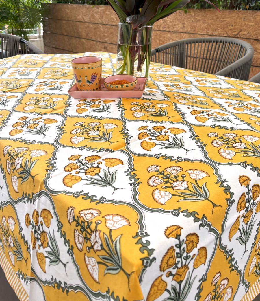 Royal Yellow Floral Boota Hand Block Rectangle  Table Cover / Cloth