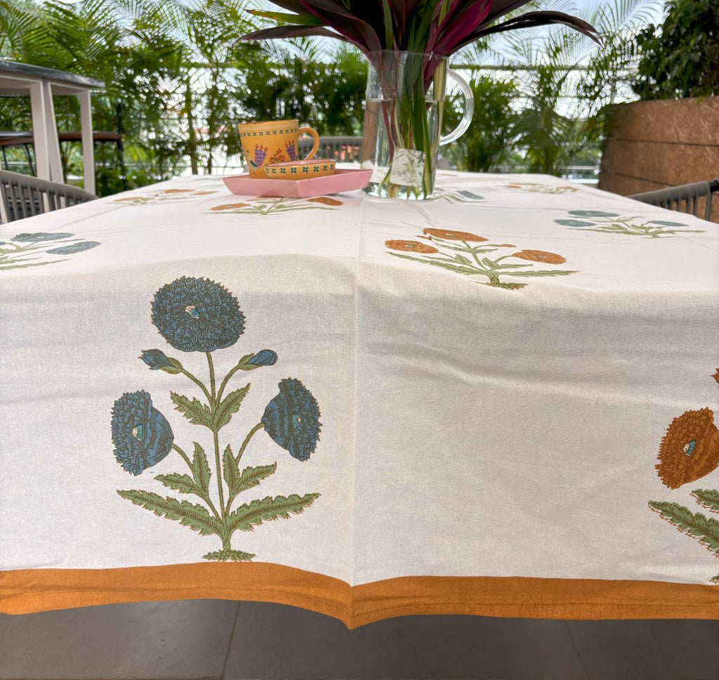 Blue & Yellow Marigold  Hand Block Rectangle Table Cover / Cloth
