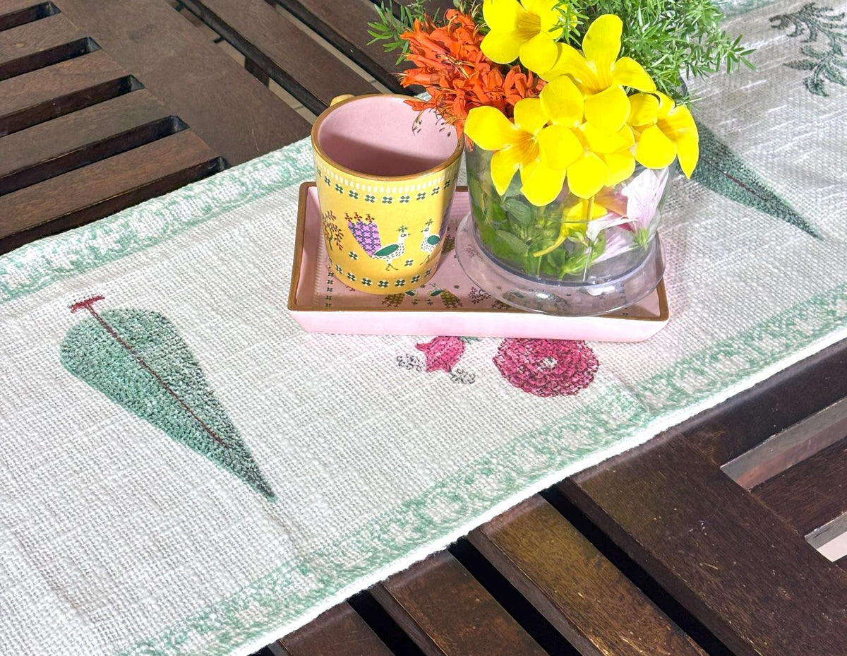 Red & Green Gulbahaar Hand Block Printed Jute Table Runner