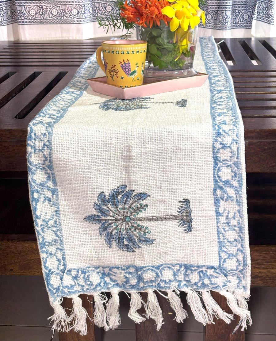 Blue Palm Tree Hand Block Printed Jute Table Runner