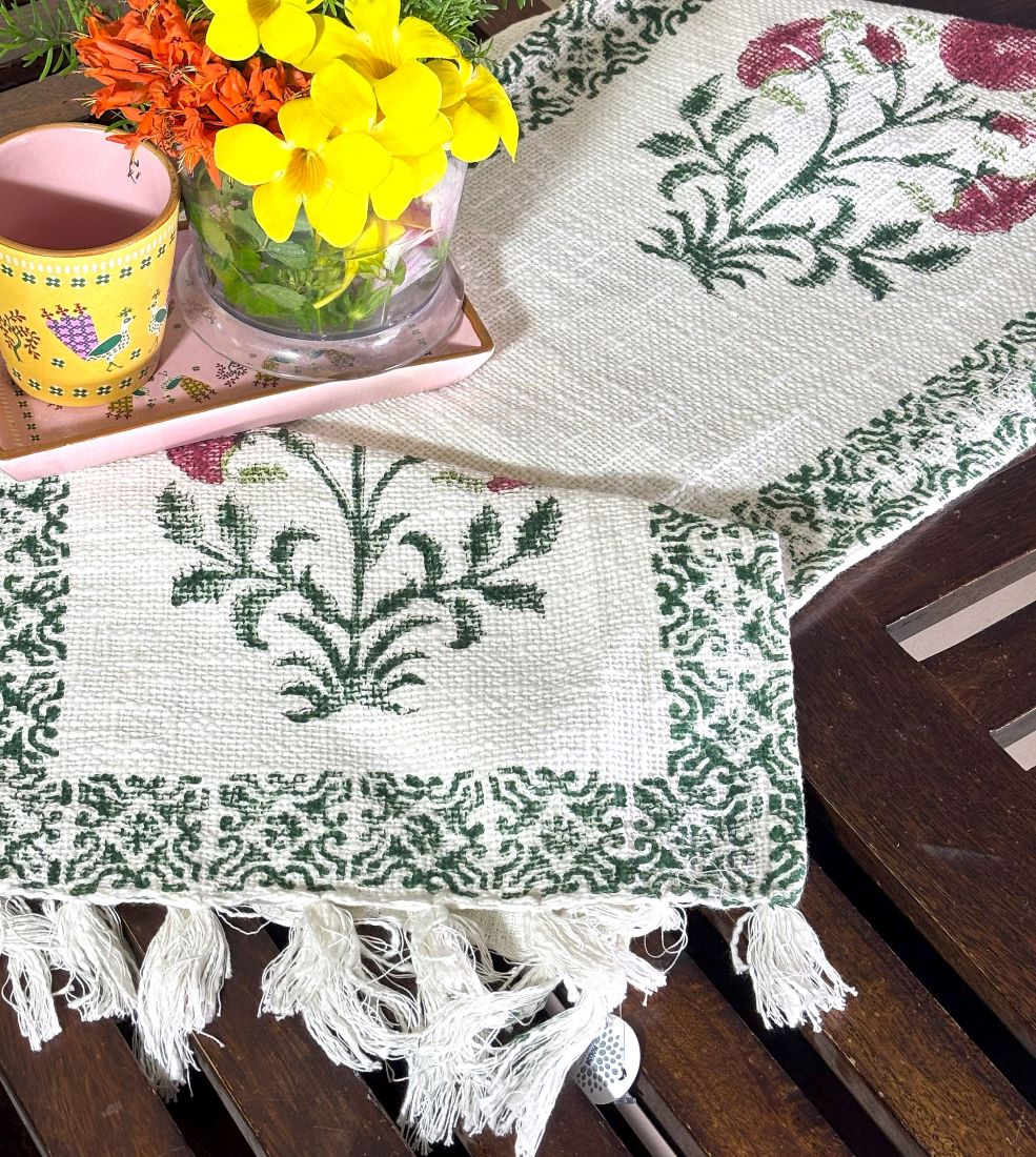 Red Sunflower Hand Block Printed Jute Table Runner
