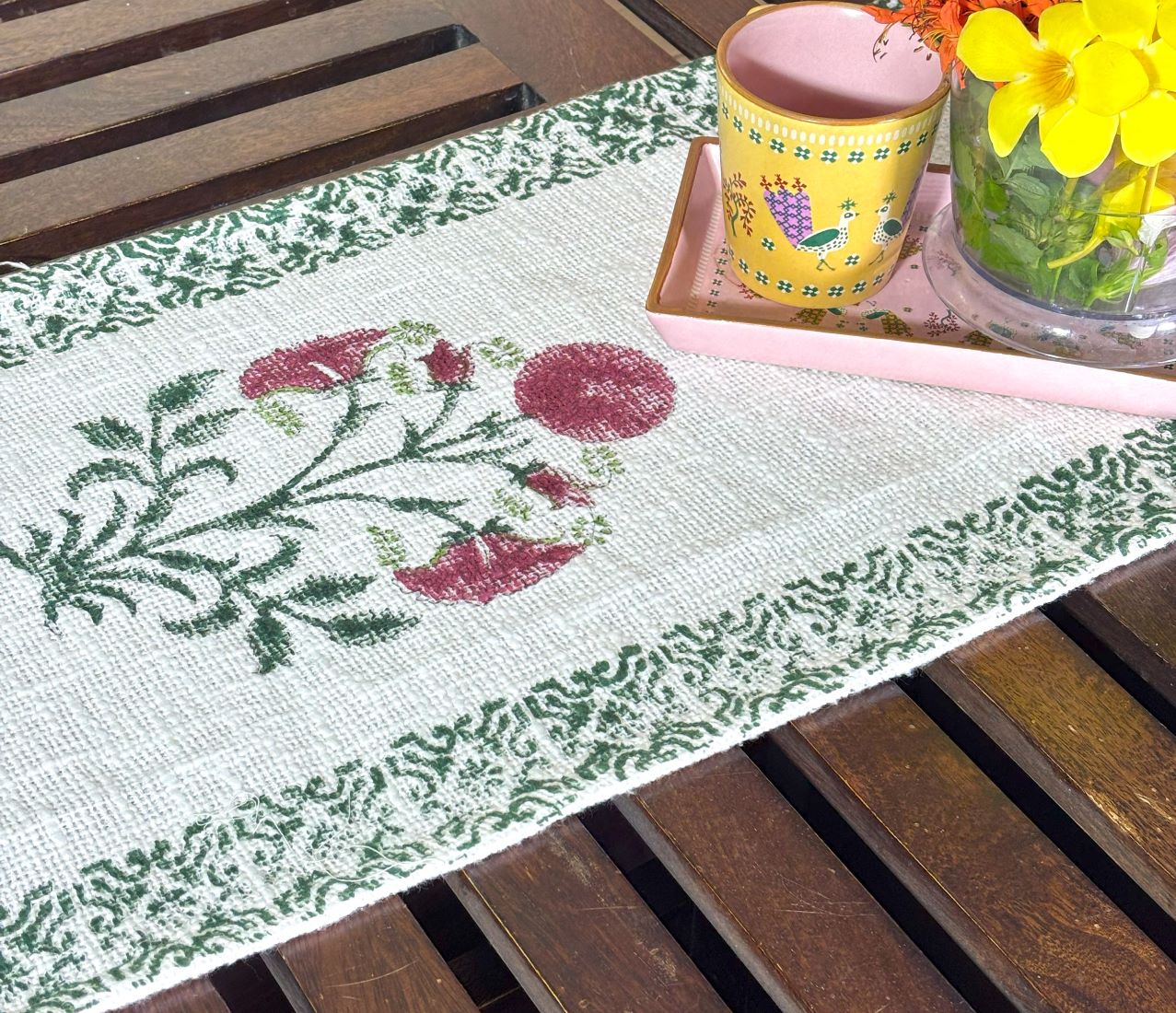 Red Sunflower Hand Block Printed Jute Table Runner