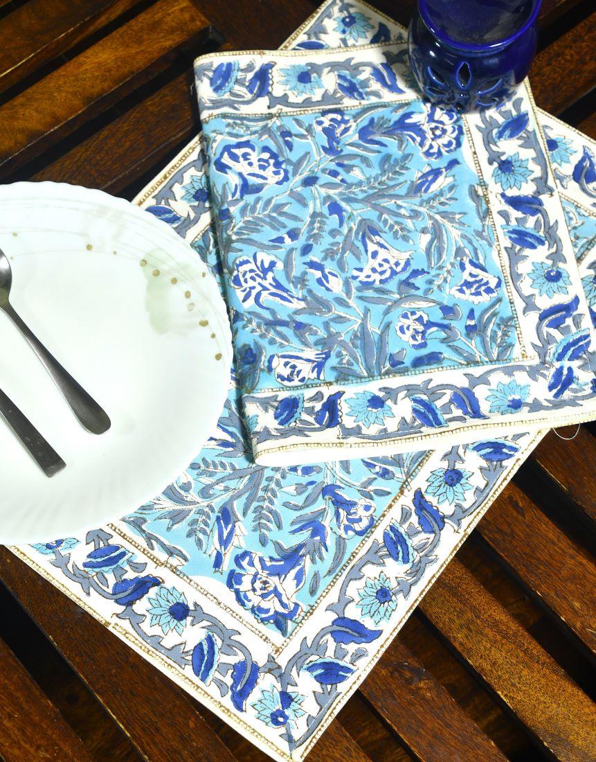 Mughal Mirage in Blues Hand Block Cotton Canvas Table Runner & Mat Set