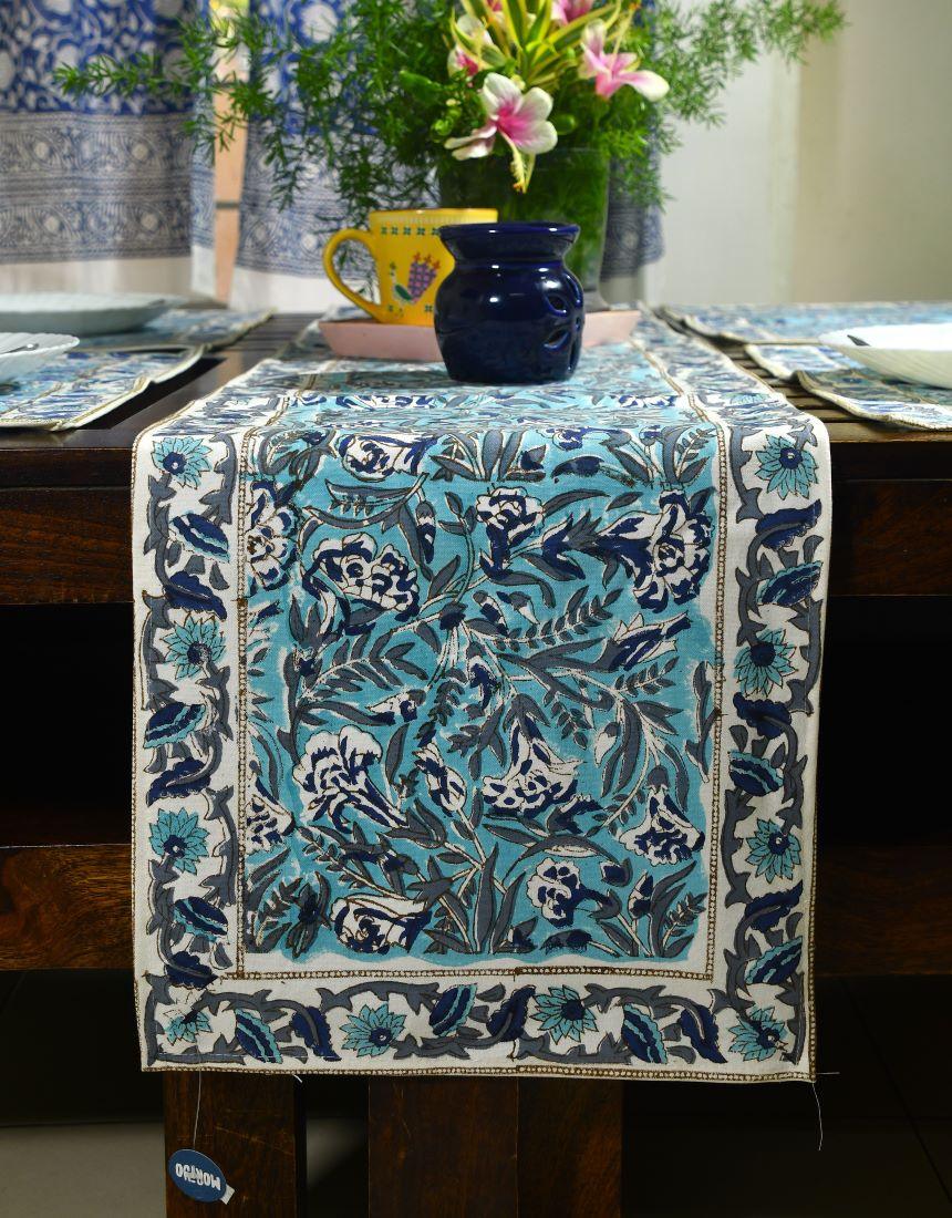 Mughal Mirage in Blues Hand Block Cotton Canvas Table Runner & Mat Set