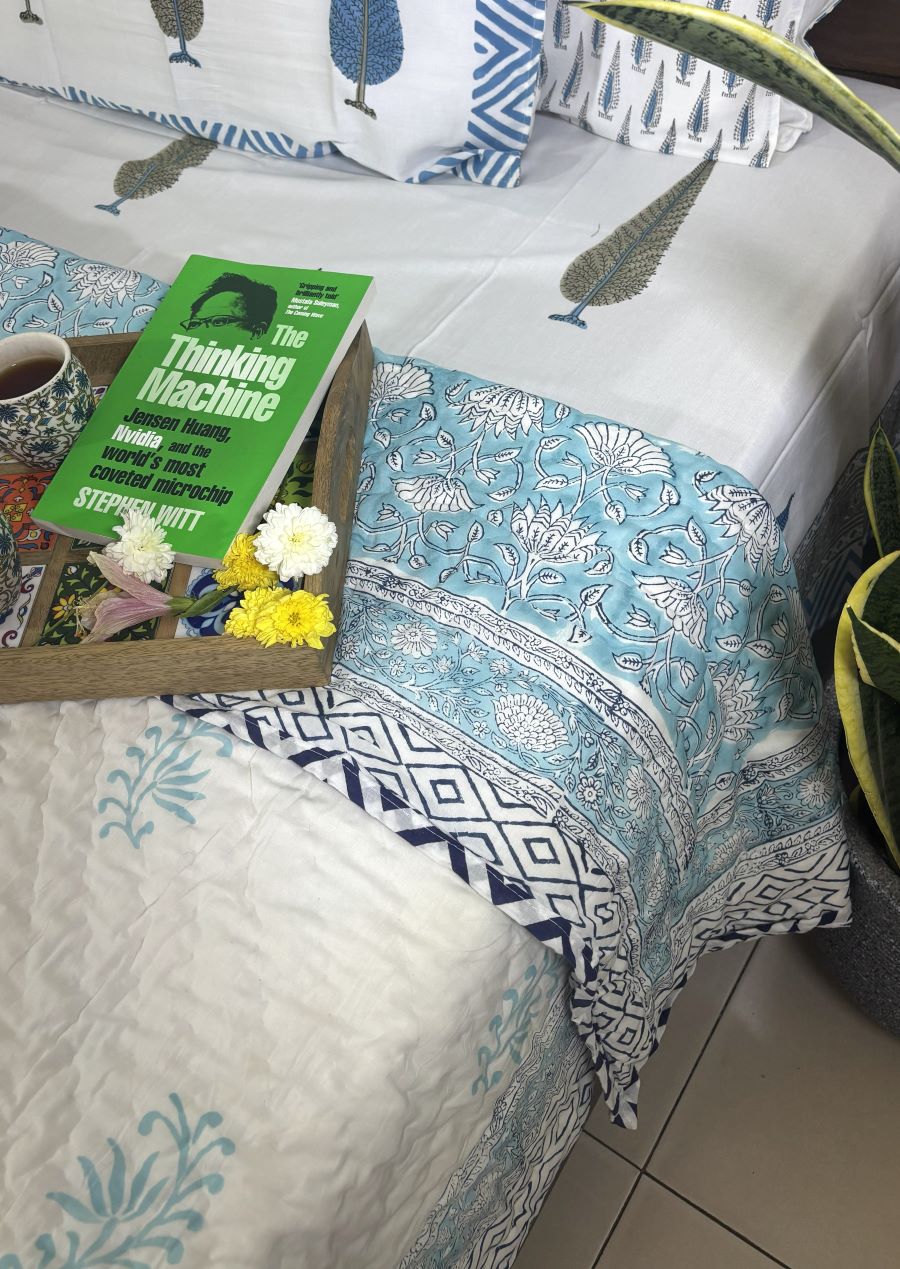 Sky Blue Flower Jaal Patterns Hand Block Quilt/ Razai