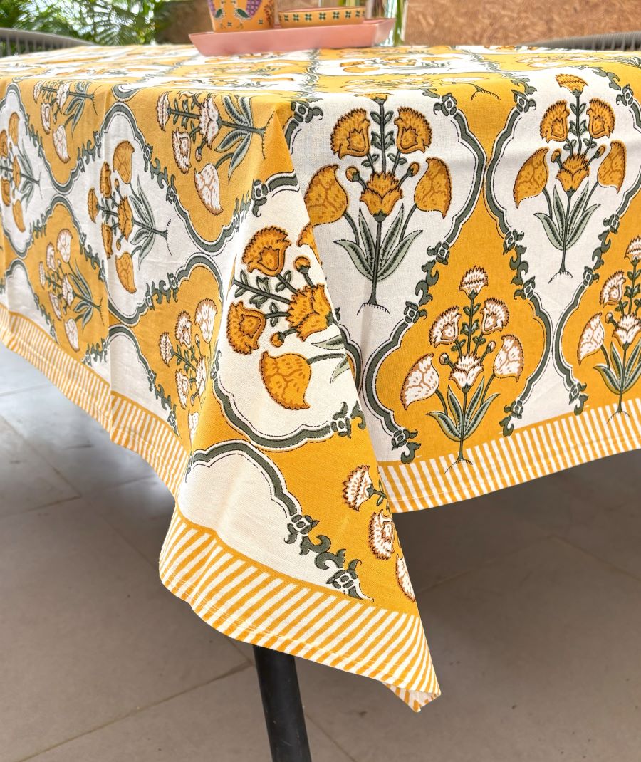 Royal Yellow Floral Boota Hand Block Rectangle  Table Cover / Cloth