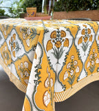 Royal Yellow Floral Boota Hand Block Rectangle  Table Cover / Cloth