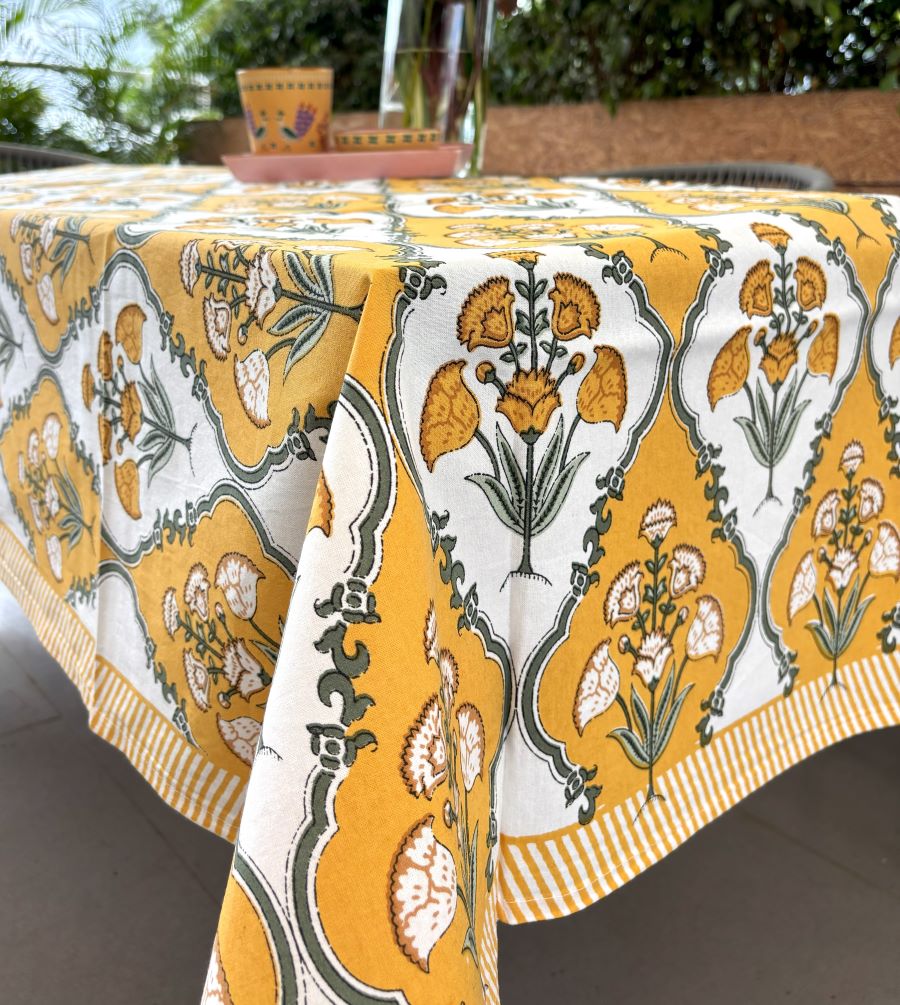 Royal Yellow Floral Boota Hand Block Rectangle  Table Cover / Cloth