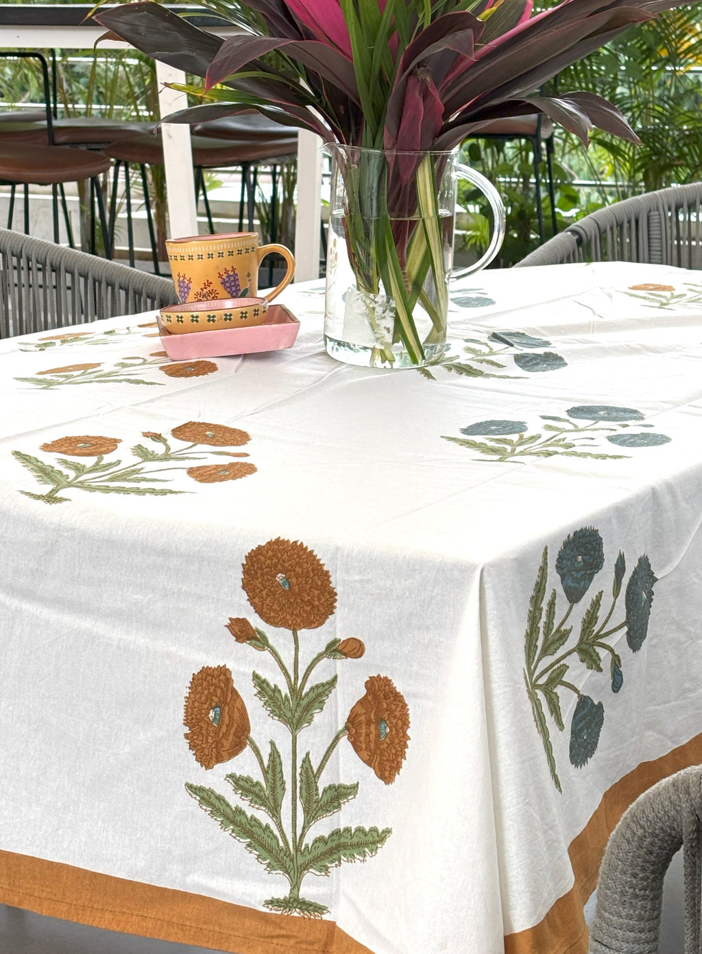 Blue & Yellow Marigold  Hand Block Rectangle Table Cover / Cloth